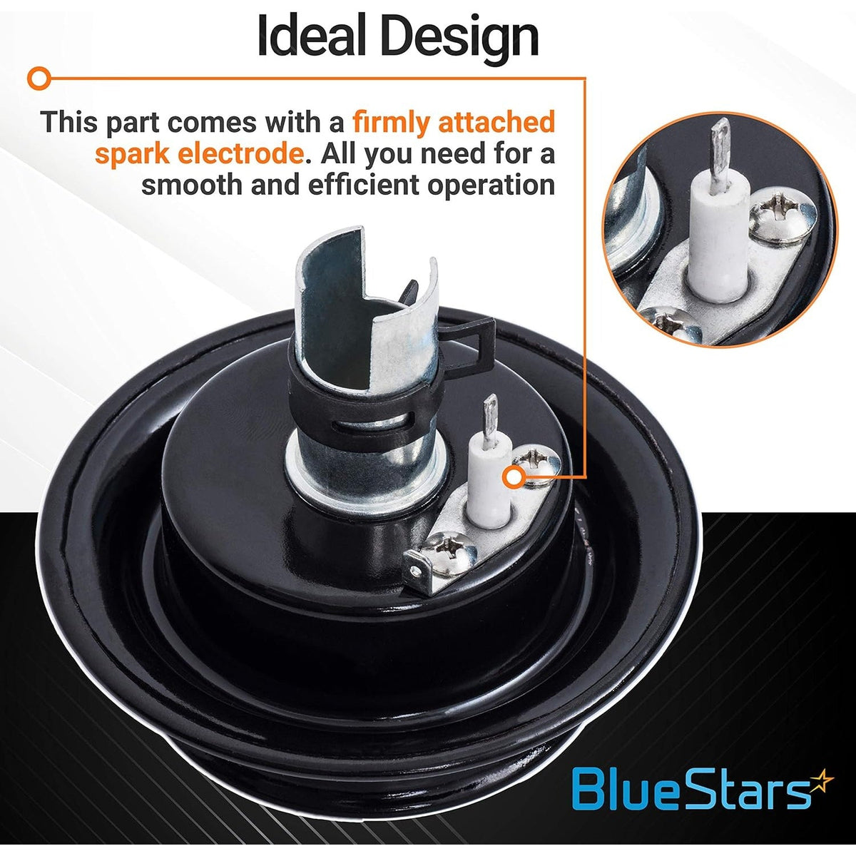 Gas range sealed burner head with close-up view of the attached spark electrode igniter assembly.