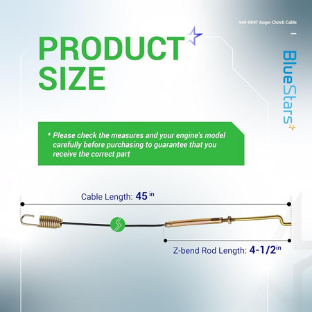 Diagram showing dimensions for 946-0897 snow blower auger clutch cable with 45-inch total length and Z-bend rod.