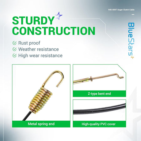 946-0897 snow blower auger clutch cable features showing metal spring, Z-type bent end, and durable PVC cover.