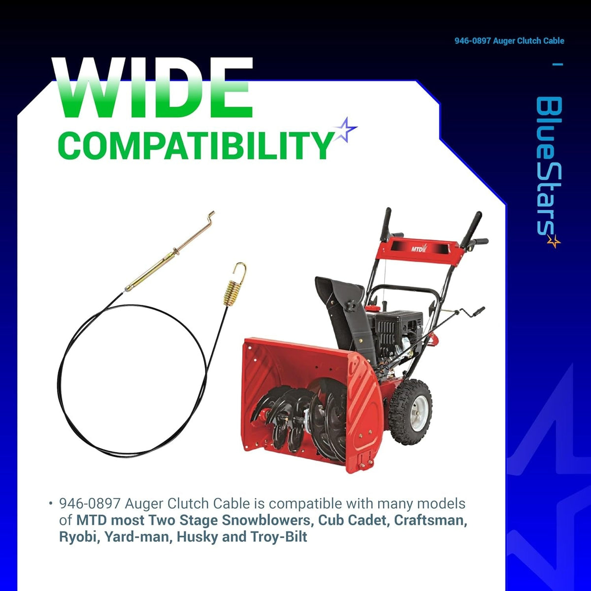 946-0897 snow blower auger clutch cable shown with a compatible two-stage snow blower.