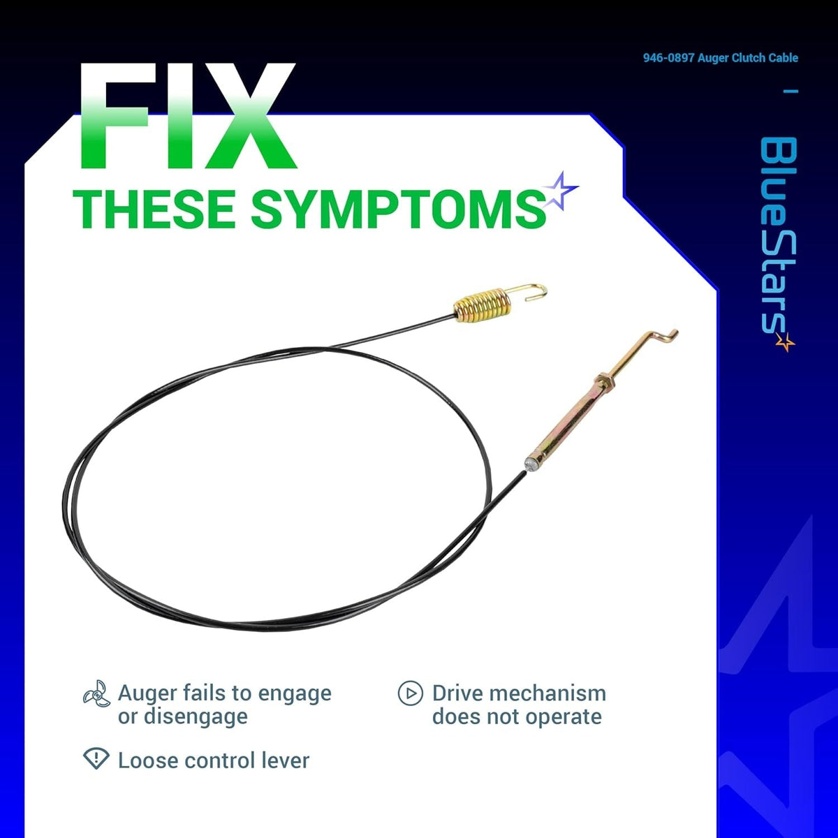 946-0897 snow blower auger clutch cable with spring and metal connector on a symptom fix informational background.