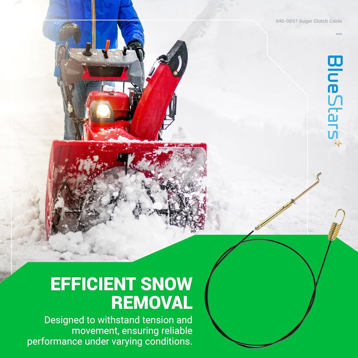 946-0897 snow blower auger clutch cable with metal spring and connector ends on a green background.