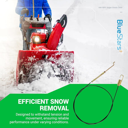 946-0897 snow blower auger clutch cable with metal spring and connector ends on a green background.
