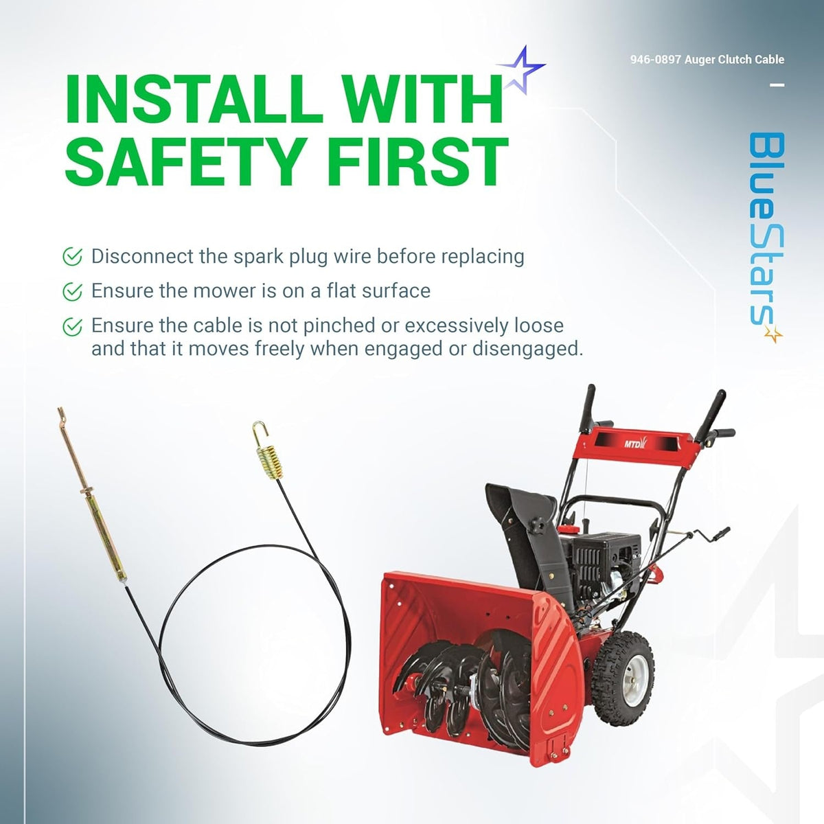 946-0897 snow blower auger clutch cable with safety installation instructions and snow blower diagram.
