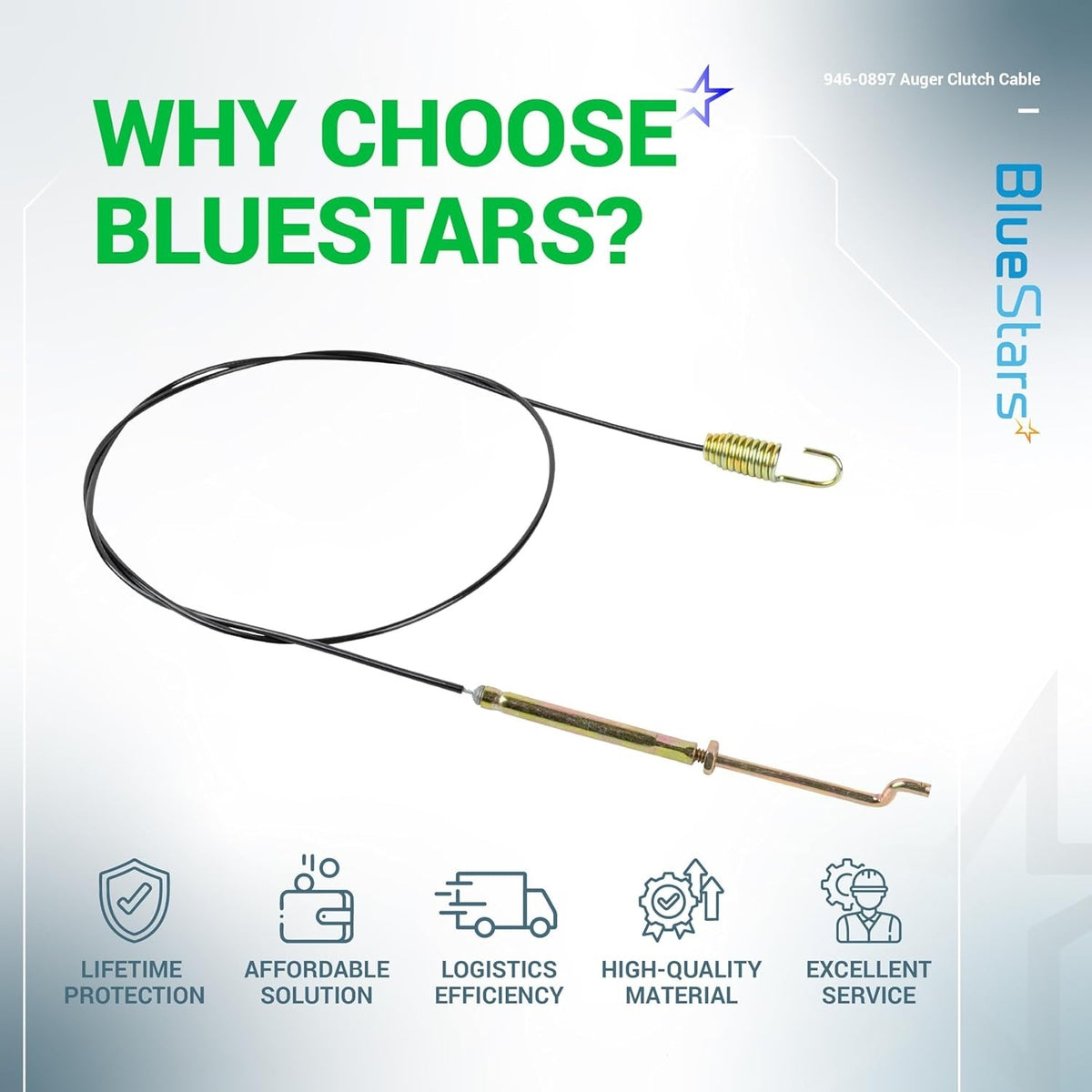 946-0897 snow blower auger clutch cable with metal spring and threaded adjustment rod on a branded promotional background.
