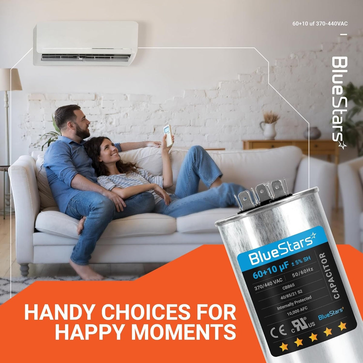 BlueStars 60+10 uF CBB65 dual run circular capacitor for AC motor and condenser units in a lifestyle advertisement.