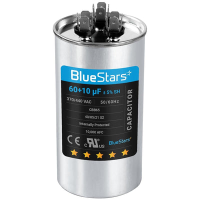 BlueStars 60+10 uF 370/440 VAC CBB65 dual run circular start capacitor for AC motor and condenser.