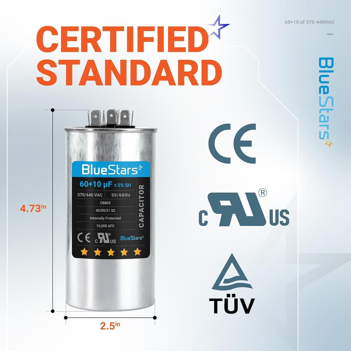 60+10 uF CBB65 dual run circular capacitor with dimensions and safety certification labels.