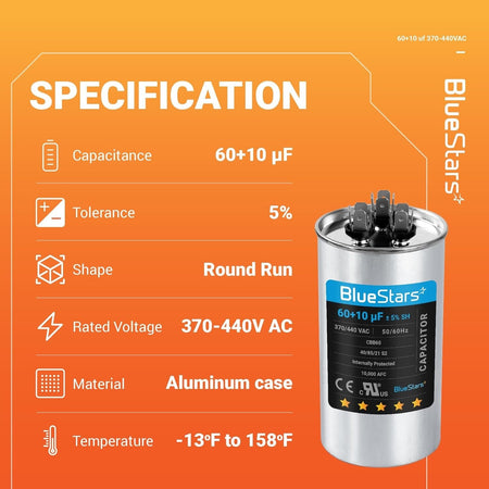 Technical specification chart for 60+10 uF CBB65 dual run circular AC capacitor with aluminum case.