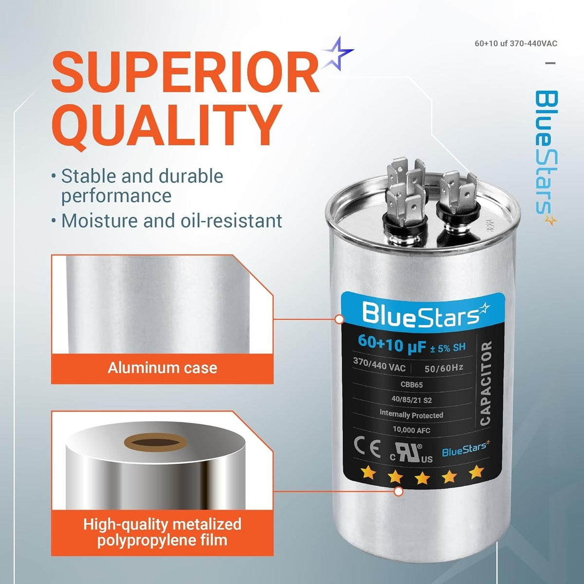 BlueStars 60+10 uF CBB65 dual run capacitor with aluminum case and metalized polypropylene film construction.