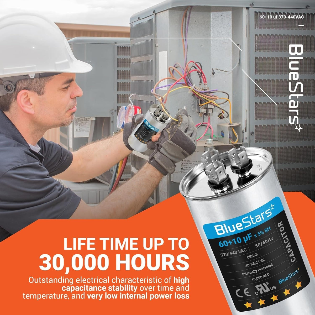 Technician installing a 60+10 uF CBB65 dual run capacitor into an AC condenser unit.