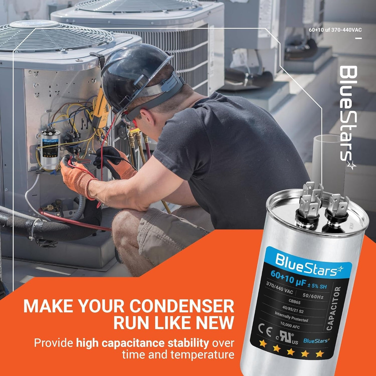 60+10 uF CBB65 dual run capacitor for AC motor and condenser repair, shown with technician installing in HVAC unit.
