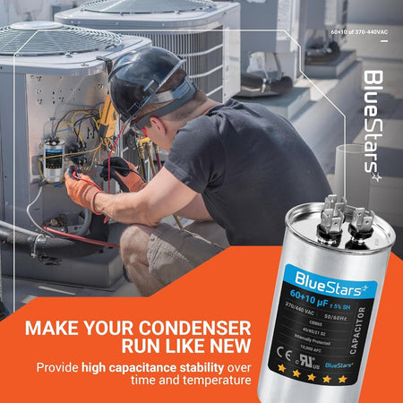60+10 uF CBB65 dual run capacitor for AC motor and condenser repair, shown with technician installing in HVAC unit.