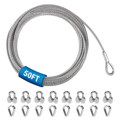 50ft coiled 5/16 inch steel wire rope with 8 wire rope clips and 8 thimbles for rigging and outdoor use.