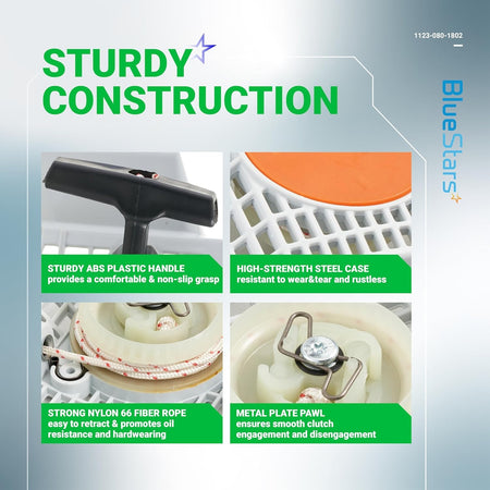Infographic showing construction details of 1123 080 1802 recoil starter assembly for Stihl chainsaws.