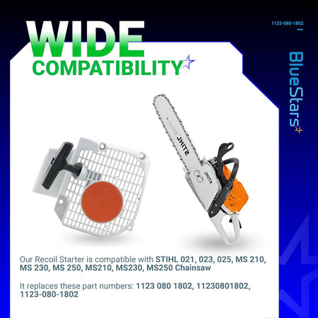Recoil starter assembly for Stihl 021, 023, 025, MS210, MS230, and MS250 chainsaws shown with compatible chainsaw model.