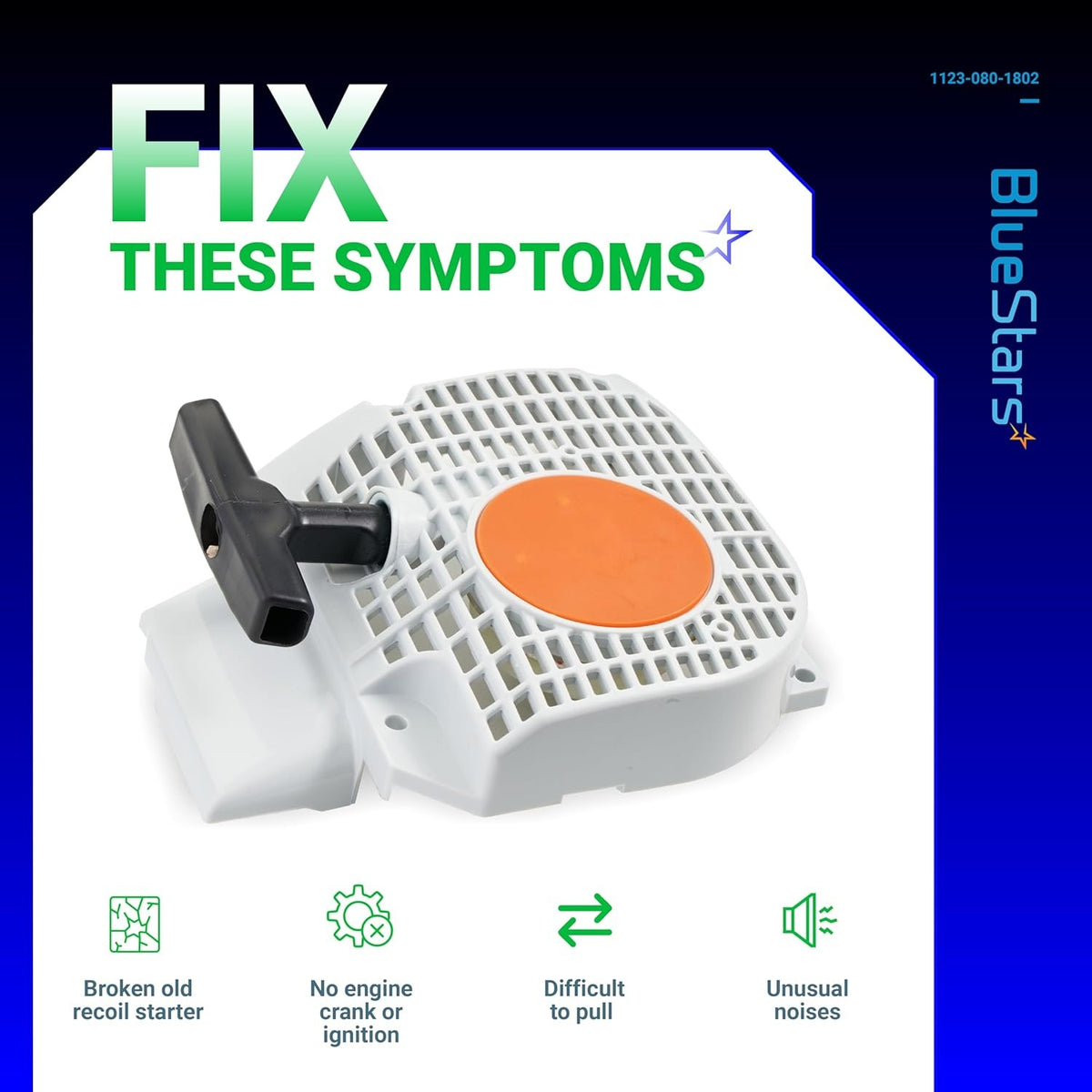 Recoil starter assembly for Stihl chainsaws with infographic showing symptoms of a faulty starter.