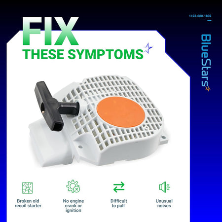 Recoil starter assembly for Stihl chainsaws with infographic showing symptoms of a faulty starter.