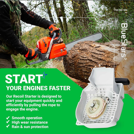 1123 080 1802 recoil starter assembly for Stihl chainsaws shown in a product lifestyle graphic.