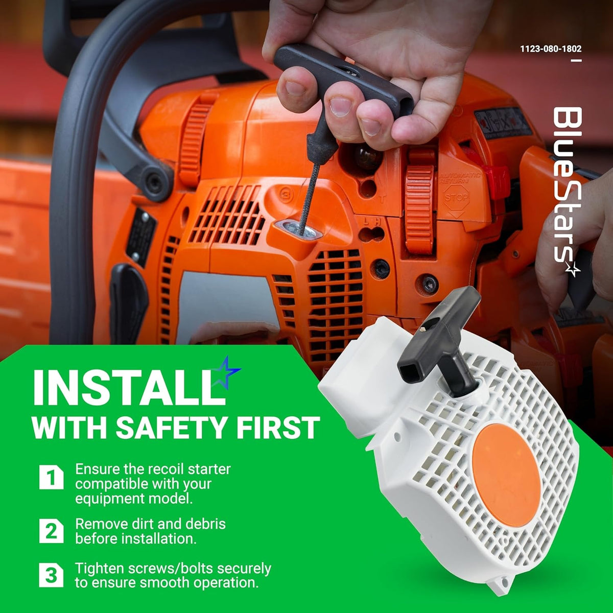 Recoil starter assembly for Stihl chainsaws with installation safety instructions graphic.