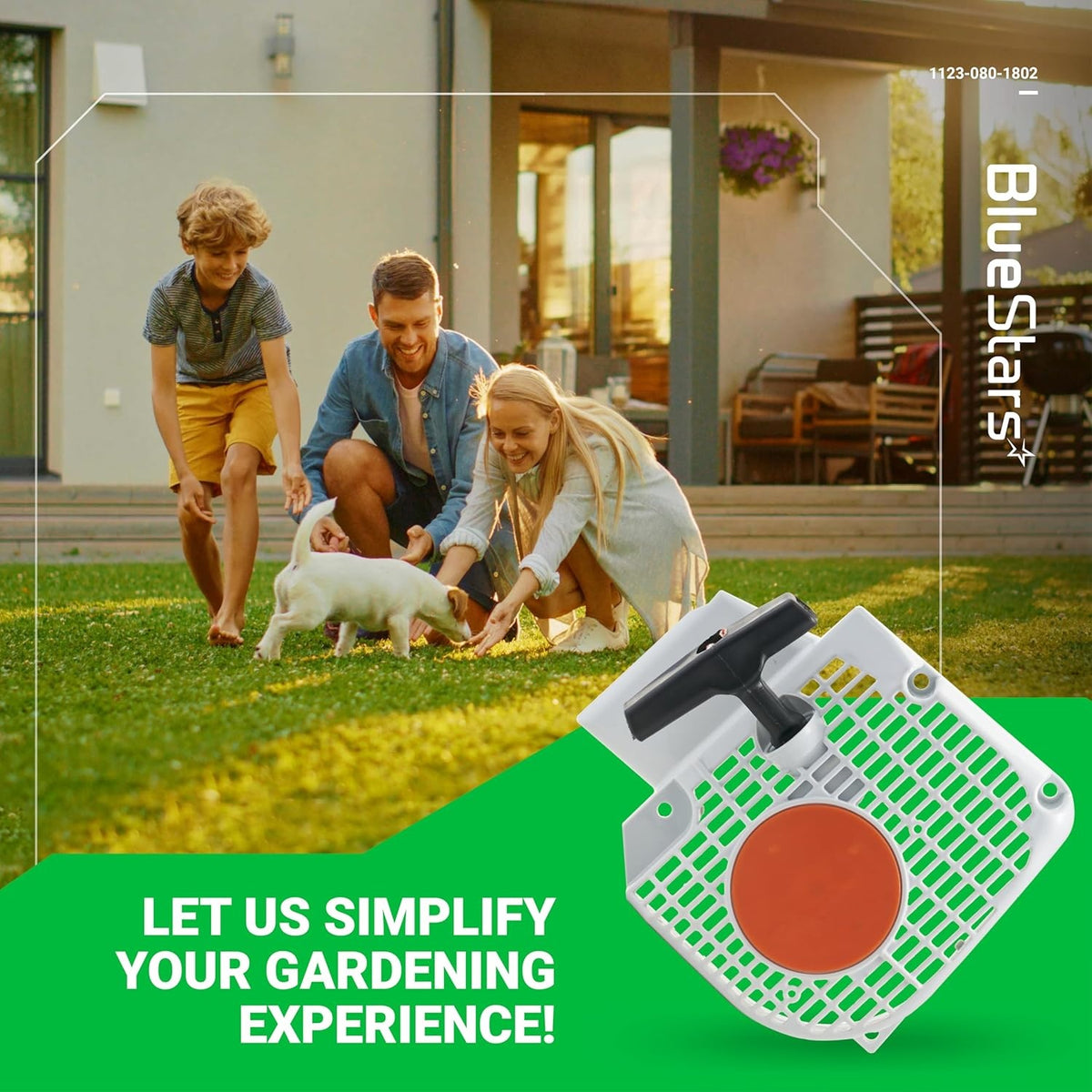1123 080 1802 recoil starter assembly for Stihl chainsaws shown in a lifestyle marketing graphic.