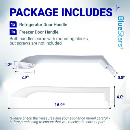 Dimensional diagram of Frigidaire refrigerator and freezer door handles with measurements.