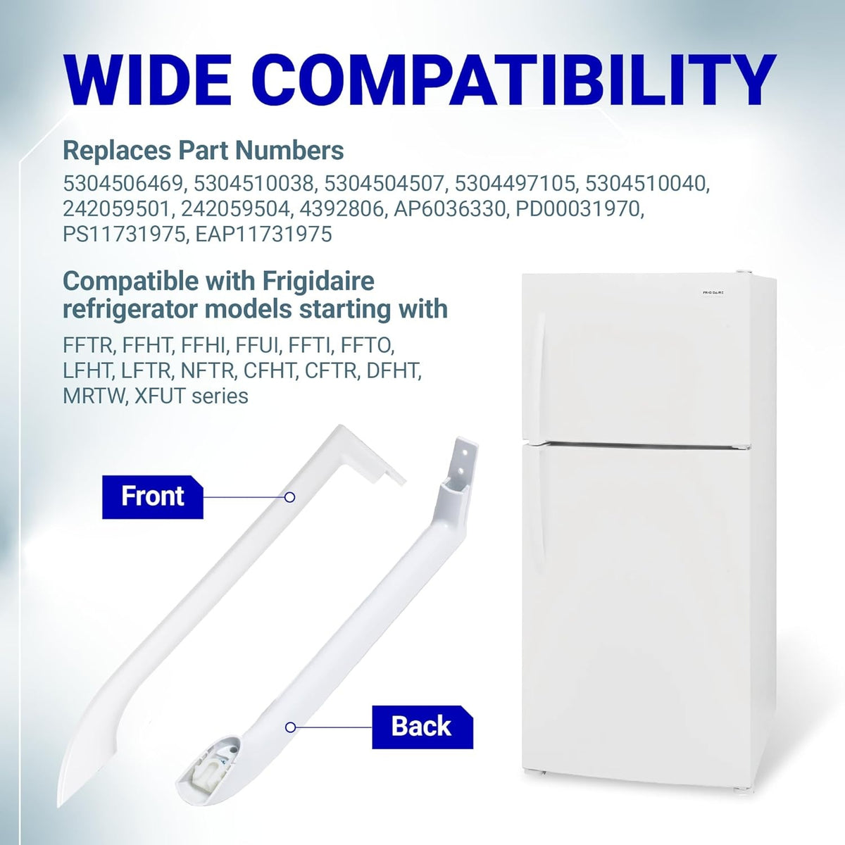 Infographic showing Frigidaire refrigerator door handle compatibility and replacement part numbers.