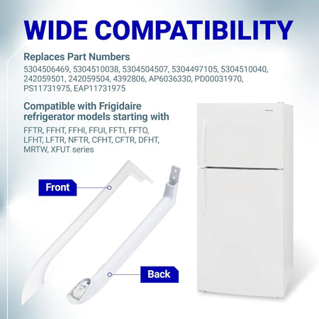 Infographic showing Frigidaire refrigerator door handle compatibility and replacement part numbers.