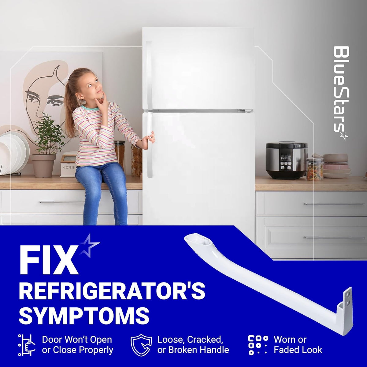 White refrigerator door handle replacement part shown in a lifestyle graphic for Frigidaire freezers.