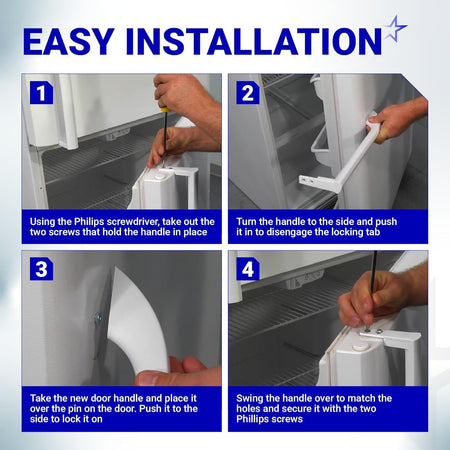 Four-step installation guide for Frigidaire refrigerator door handle replacement.