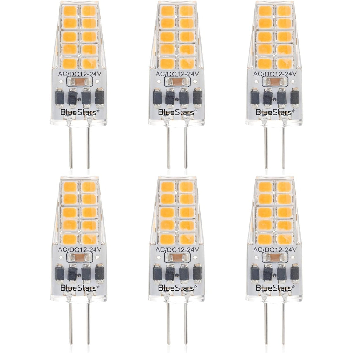 Set of six 2W G4 LED bi-pin bulbs with warm white 3000K light and 12V compatibility.