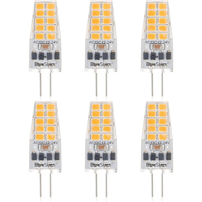 Set of six 2W G4 LED bi-pin bulbs with warm white 3000K light and 12V compatibility.