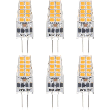 Set of six 2W G4 LED bi-pin bulbs with warm white 3000K light and 12V compatibility.