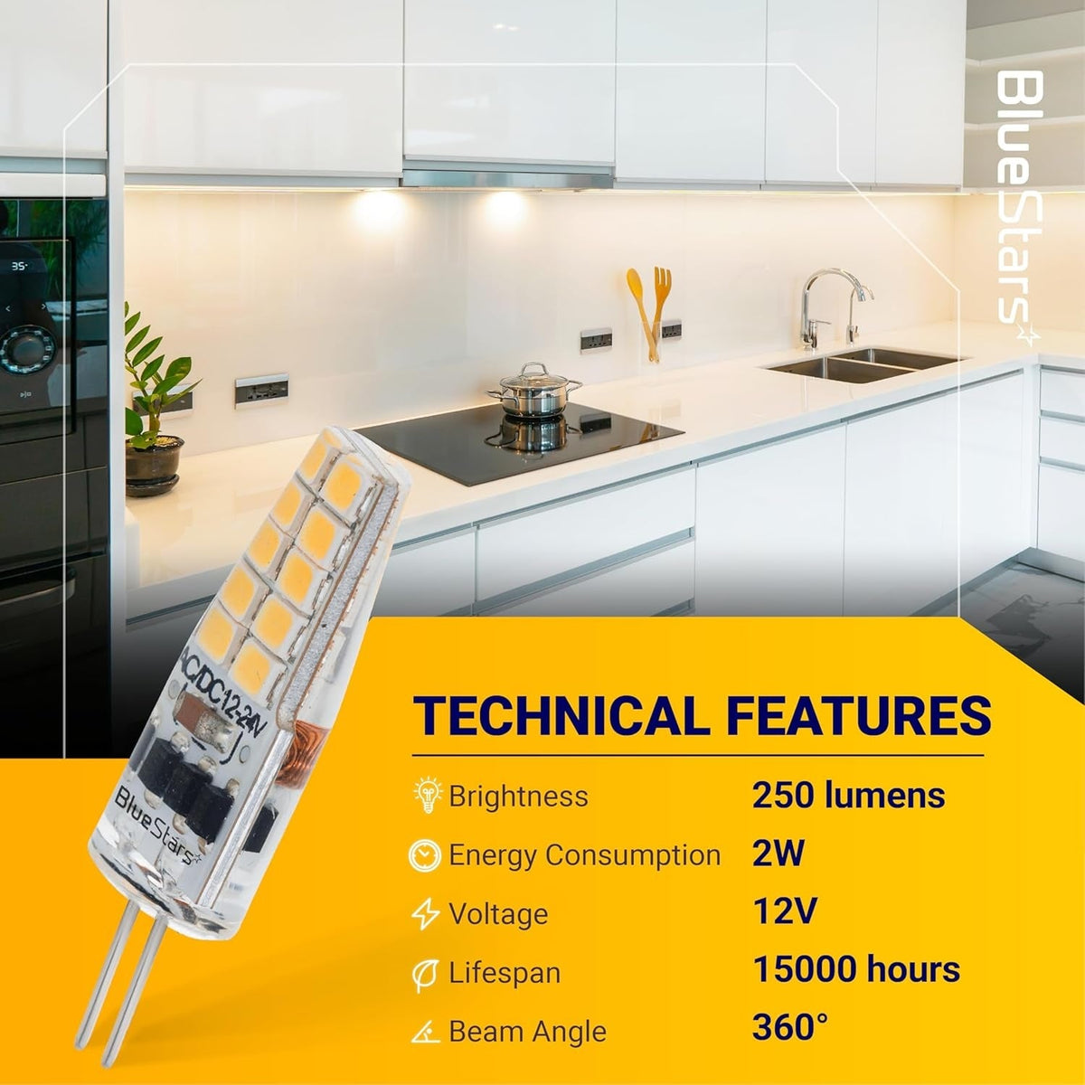 G4 LED bulb with technical feature chart showing 2W, 12V, and 250 lumens specifications for kitchen under-cabinet lighting.