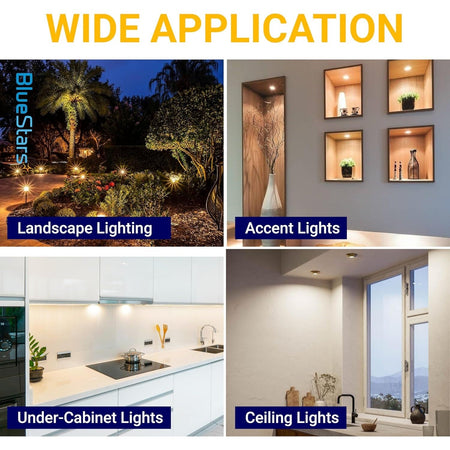 Collage showing G4 LED bulb applications in landscape, accent, under-cabinet, and ceiling lighting.