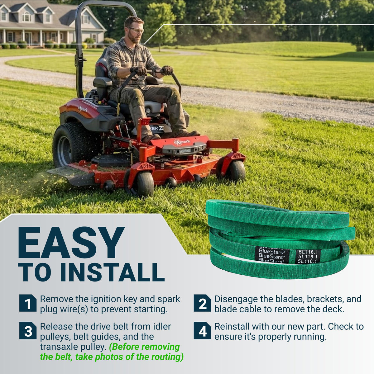 Green replacement drive belt for zero-turn lawn mower with installation instructions and diagram.
