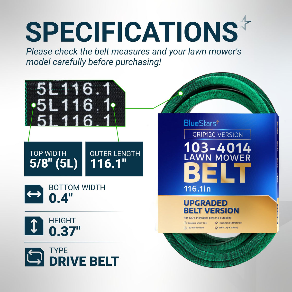 BlueStars 103-4014 lawn mower drive belt specifications chart showing 5/8 inch width and 116.1 inch outer length.
