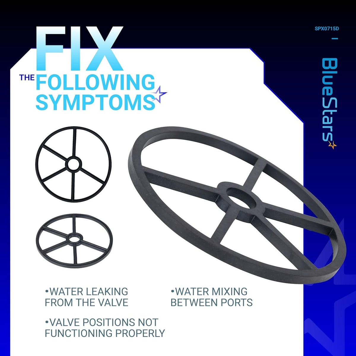 SPX0715D pool valve seat gasket showing symptoms fixed by replacement including leaks and port mixing.