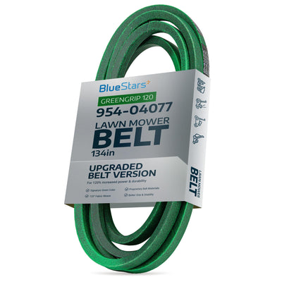 Green 134-inch lawn mower deck belt 954-04077A in BlueStars branded packaging.