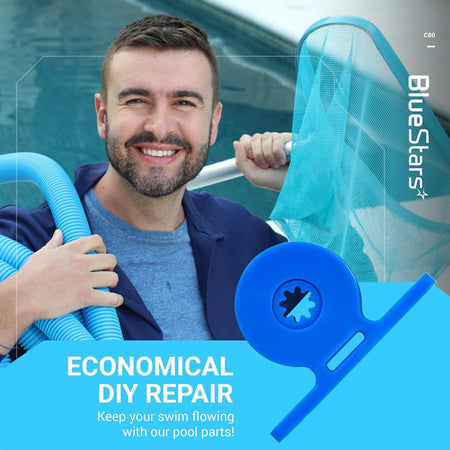 BlueStars C80 turbine bearing replacement part for Polaris pool cleaners shown in a promotional lifestyle graphic.