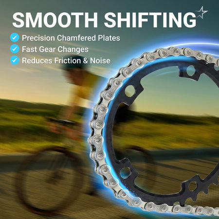 12 speed bike chain on a chainring showing smooth shifting features and chamfered plates for reduced friction.