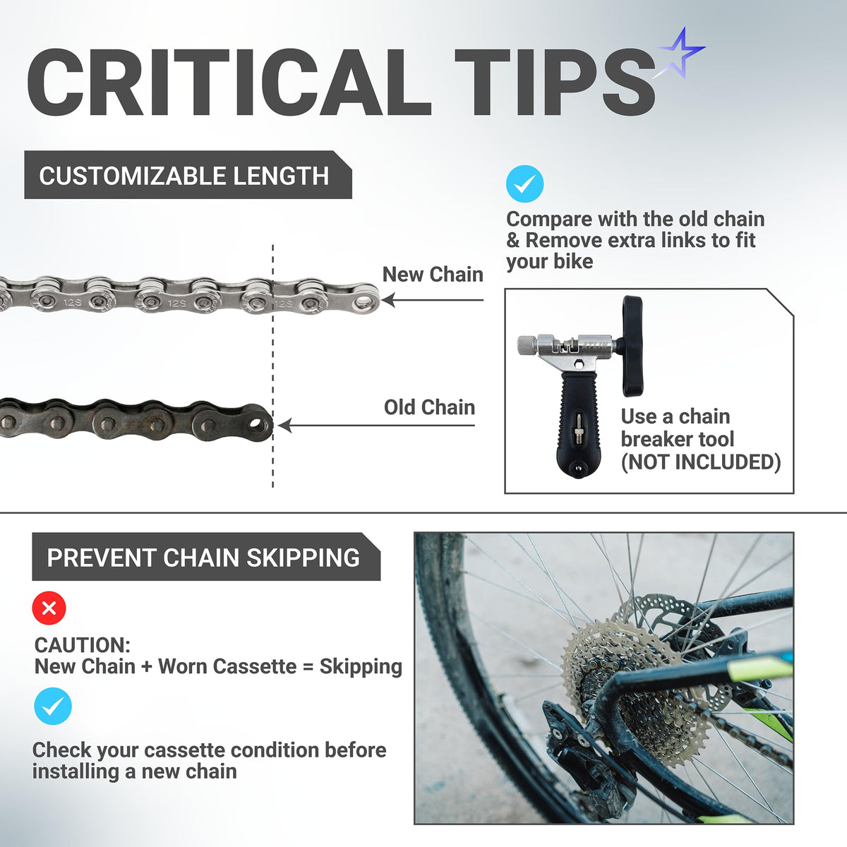 Infographic showing how to size a 12-speed bike chain and check cassette condition to prevent skipping.