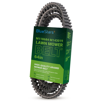 BlueStars M118684 M143019 mower deck belt in branded packaging for John Deere lawn mowers.