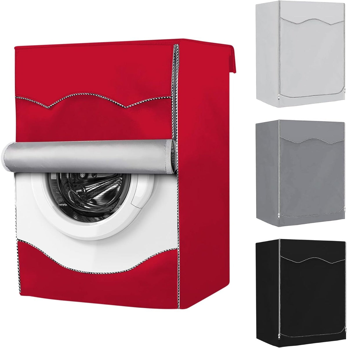 Red front-load washing machine cover with rolled-up front panel for easy access to the washer door.