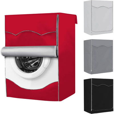 Red front-load washing machine cover with rolled-up front panel for easy access to the washer door.