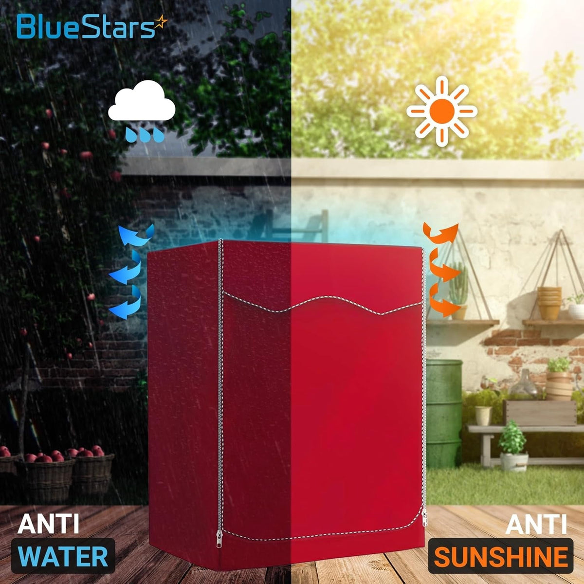 Red front-load washing machine cover demonstrating waterproof and sun-resistant outdoor protection features.