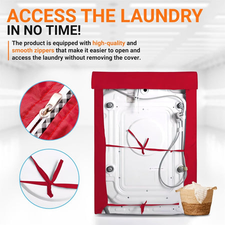 Red front-load washing machine cover featuring a close-up of the smooth zipper and rear tie-down straps for secure fit.