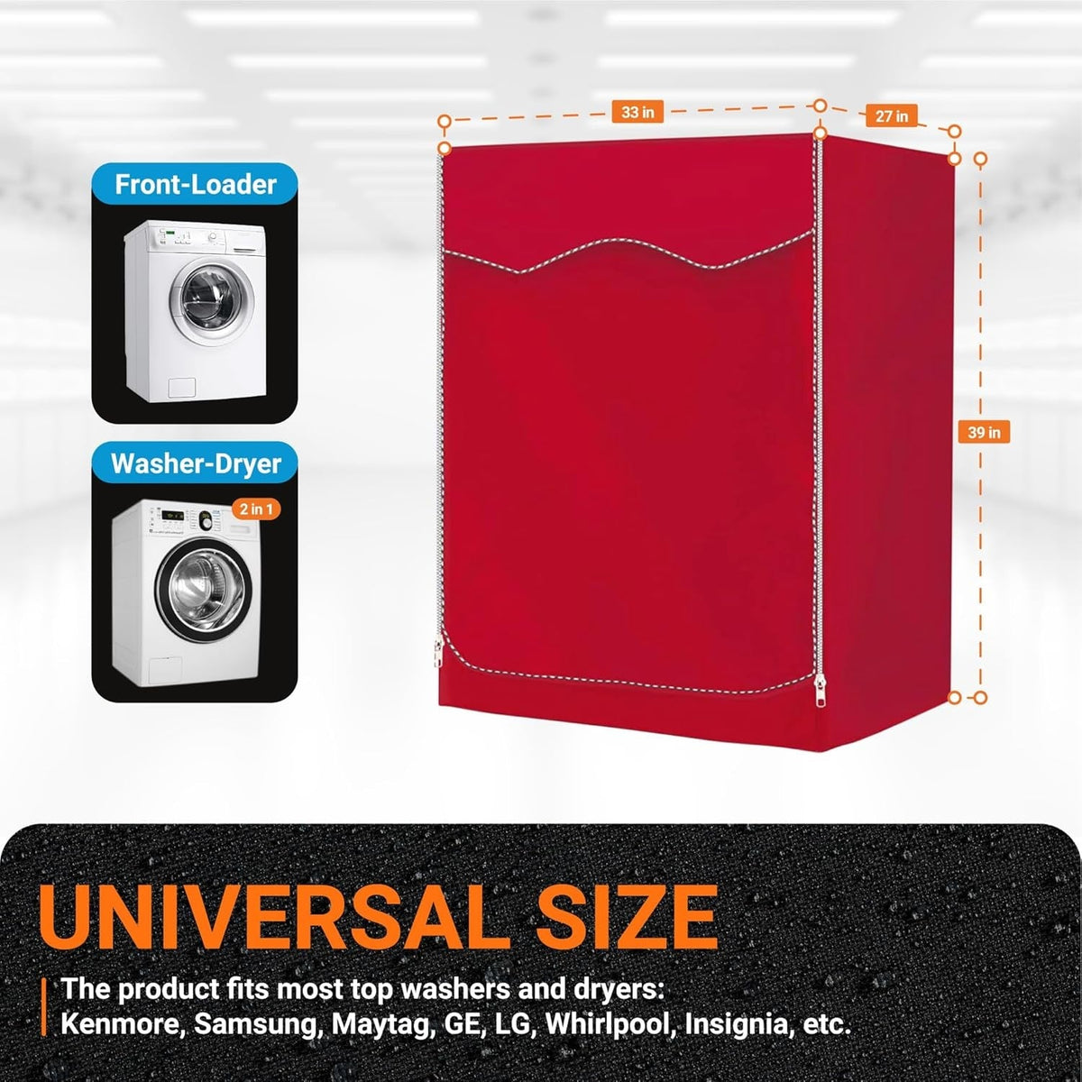 Red premium outdoor washing machine cover with dimensions diagram for front-load washer and dryer units.