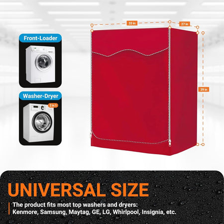 Red premium outdoor washing machine cover with dimensions diagram for front-load washer and dryer units.