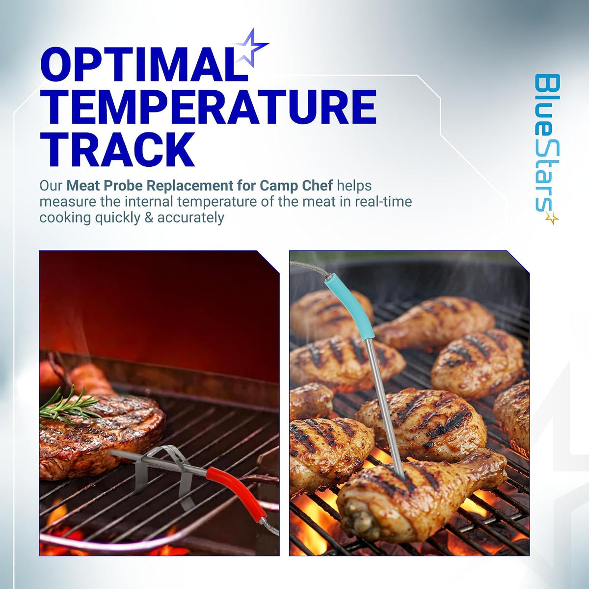2-Pack Meat Probe for Camp Chef Pellet Grills & Smokers, graphic showing probes measuring grilled meat